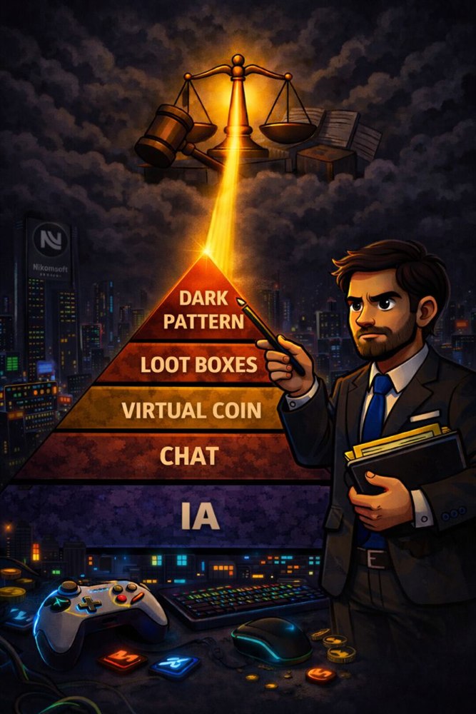 Un abogado señala una pirámide de cinco niveles con los rótulos IA, chat, virtual coin, loot boxes y dark pattern, coronada por una balanza de la justicia